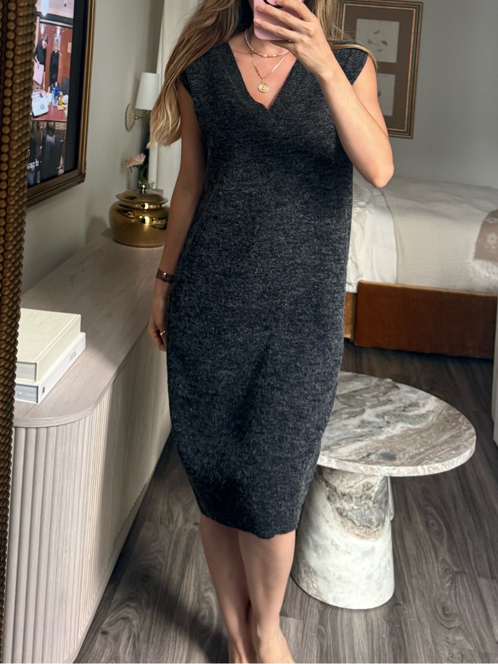 Made in Korea Charcoal Gray Fuzzy Knit V Neck Midi Sweater oversized Vest Dres
